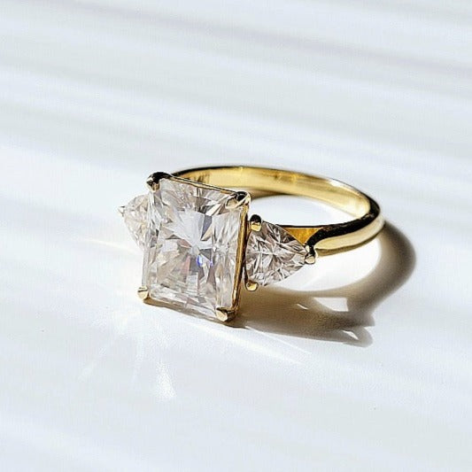 gold-solitaire-engagement-ring-radiant-cut-Moissanite-ethical-diamond-prong-setting-three-stones-trilogy-ring-proposal-diamond-ring-3.52 TCW Colorless Radiant Moissanite Ring / Trillion Cut Three Stone Ring / Moissanite Engagement Ring / Side Stone Promise Ring For Womens